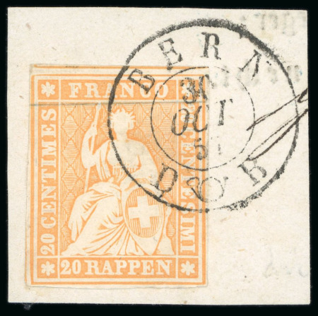 Stamp of Switzerland / Schweiz » Rayonmarken 1854-62, Berner Druck, 4. Druckperiode, 25 Rp. orange, auf briefstück