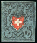 Stamp of Switzerland / Schweiz » Rayonmarken 1850, 5 Rp. Rayon I dunkelblau mit Kreuzeinfassung, Type 16, gestempelt