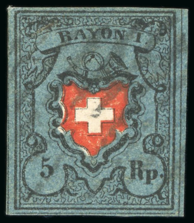 Stamp of Switzerland / Schweiz » Rayonmarken 1850, 5 Rp. Rayon I dunkelblau mit Kreuzeinfassung, Type 16, gestempelt