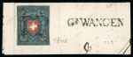 Stamp of Switzerland / Schweiz » Rayonmarken 1850, 5 Rp. Rayon I dunkelblau ohne Kreuzeinfassung, Type 29, auf Briefstück
