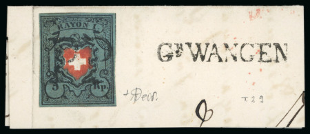 Stamp of Switzerland / Schweiz » Rayonmarken 1850, 5 Rp. Rayon I dunkelblau ohne Kreuzeinfassung, Type 29, auf Briefstück