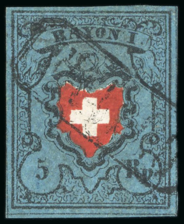 Stamp of Switzerland / Schweiz » Rayonmarken 1850, 5 Rp. Rayon I dunkelblau ohne Kreuzeinfassung, Stabstempel "Franco"