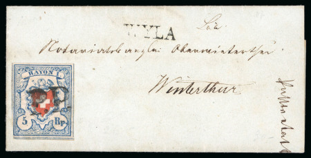 Stamp of Switzerland / Schweiz » Rayonmarken 1851, 5 Rp. Rayon I hellblau ohne Kreuzeinfassung, auf Brief von Wyla (Kanton Zürich)