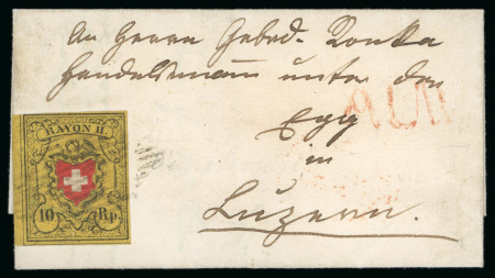 Stamp of Switzerland / Schweiz » Rayonmarken 1850, Rayon II gelb ohne Kreuzeinfassung, Type 25, auf Brief von Auw (Kanton Aargau)