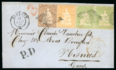 Stamp of Switzerland / Schweiz » Sitzende Helvetia Ungezähnt 1854-63, 5 Rp., 20 Rp. und 40 Rp. im Paar um die drei Fache 35 c. Portorate nach Frankreich zu bezahlen auf Brief
