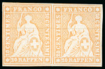 Stamp of Switzerland / Schweiz » Sitzende Helvetia Ungezähnt 1854-62, 20 Rp. gelborange, Berner Druck, 4. Druckperiode, Paar mit Originalgummi