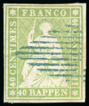 Stamp of Switzerland / Schweiz » Sitzende Helvetia Ungezähnt 1854, 40 Rp. hellgelbgrün, gestempelt