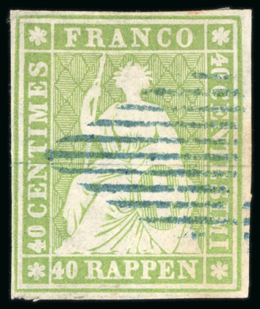 Stamp of Switzerland / Schweiz » Sitzende Helvetia Ungezähnt 1854, 40 Rp. hellgelbgrün, gestempelt