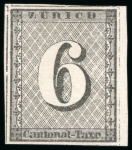 Stamp of Switzerland / Schweiz » Kantonalmarken » Zürich 1843, 6 Rp. mit sehr schwarzen quasi nicht sichtbaren waagrechten Untergrundlinien, ungebraucht