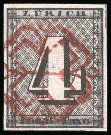 Stamp of Switzerland / Schweiz » Kantonalmarken » Zürich 1843, 4 Rp, Sperati Fälschung mit seinem Stempel rückseitig.