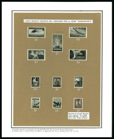 Stamp of Italy » Regno d'Italia 1945-48 'Democratica' photographic proofs, eleven different individually mounted on perforated background, numbered and mounted on card, very fine