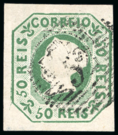 Stamp of Portugal 1853 50R Blue-Green used with fine to large margins and neat "52" numeral