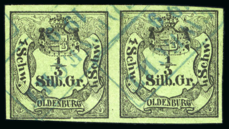 Stamp of German States » Oldenburg 1852 1/3 Sgr used pair with fine to large margins, neat Edewecht framed ds