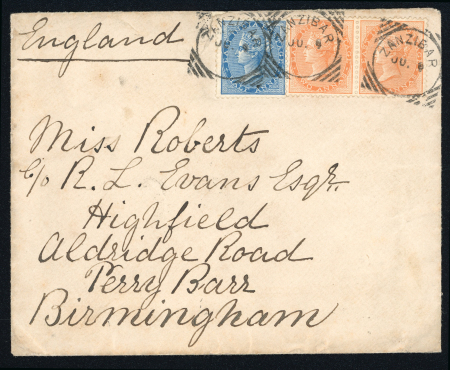 Stamp of Zanzibar » The Indian Post Office (1875-1895) 1885 & 1887, pair of envelopes; one to England and one sent locally with squared circle ds