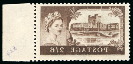 Stamp of Great Britain » Queen Elizabeth II 1955-58, De La Rue Castle 2s6d black-brown, multi crown watermark, mint n.h., showing the "reversed image on gummed side"