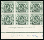 Stamp of Jamaica 1951, 10s myrtle-green, plate proof bottom marginal block of six