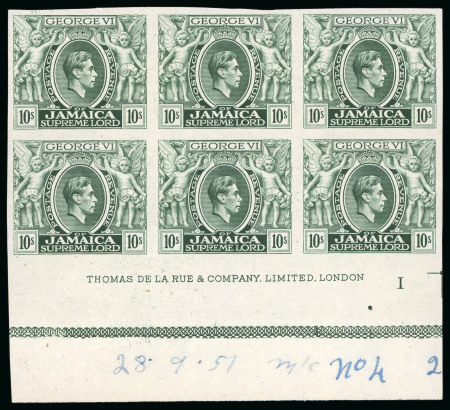 Stamp of Jamaica 1951, 10s myrtle-green, plate proof bottom marginal block of six