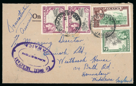 Stamp of Jamaica 1944, envelope sent airmail from Kingston to Hounslow,