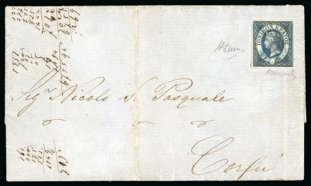 Stamp of Ionian Islands 1860, 1d blue, on cover from Zakynthos (Zante Island) to Kerkyra (Corfu Island)