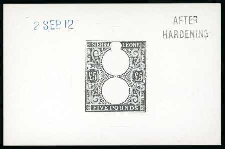 Stamp of Sierra Leone 1912, £5 die proof struck in black on full glazed
