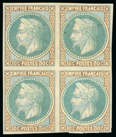 Stamp of France » Empire Lauré 1863-1870 Essai du 30c. Bloc de 4. Essai bicolore par superposition. SUP. 