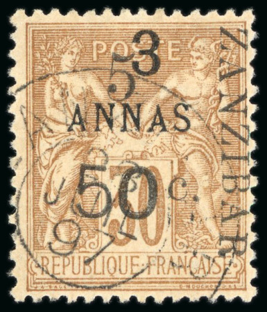 Stamp of Colonies françaises » Zanzibar (Poste française) 1897, Type Sage 5 et 50 centimes surchargé 3 annas