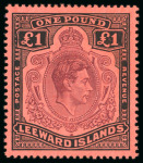 Stamp of Leeward Islands 1938, £1 brown-purple and black on red, mint with