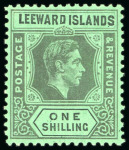 Stamp of Leeward Islands 1938-51, 1s black on emerald showing the "D I" flaw, mint