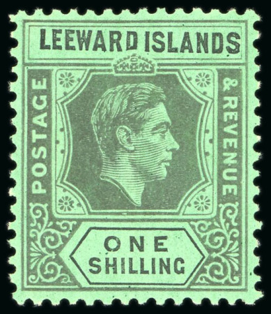Stamp of Leeward Islands 1938-51, 1s black on emerald showing the "D I" flaw, mint