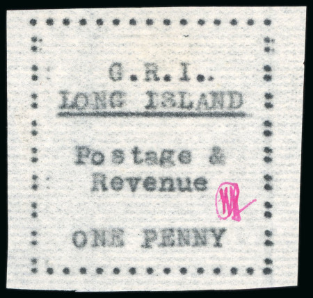 Stamp of Long Island 1916, 1d black on thin horizontally laid paper, typewritten