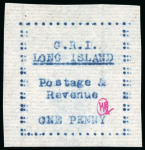 Stamp of Long Island 1916, 1d blue on thin horizontally laid paper, typewritten