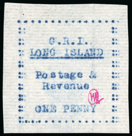 Stamp of Long Island 1916, 1d blue on thin horizontally laid paper, typewritten