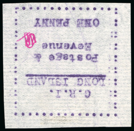 Stamp of Long Island 1916, 1d mauve on thin horizontally laid paper, typewritten