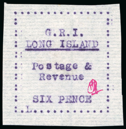 Stamp of Long Island 1916, 6d mauve on thin horizontally laid paper, typewritten