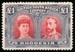 Stamp of Rhodesia 1910-13, Double Head, £1 rose-scarlet and bluish black, mint