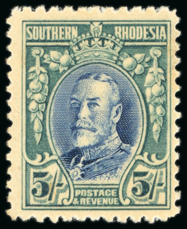 Stamp of Southern Rhodesia 1931-37, Field Marshall 5s blue and blue-green showing the major variety printed on gummed side