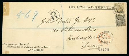 Stamp of Zanzibar » The Zanzibar Post Office (1895-1964) 1896 (Mar 25) "On Postal Service" long printed envelope from the Postmaster General of Zanzibar, sent registered the USA 