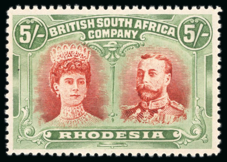 Stamp of Rhodesia 1910-13, Double Head, 5s vermilion and deep green,