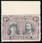 Stamp of Rhodesia 1910-13, Double Head 8d black and purple, perf.13 1/2, showing the scarce variety long gash in ear