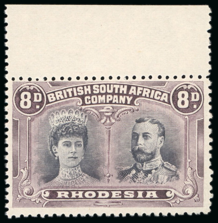 Stamp of Rhodesia 1910-13, Double Head 8d black and purple, perf.13 1/2, showing the scarce variety long gash in ear