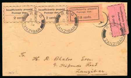 Stamp of Zanzibar » The Zanzibar Post Office (1895-1964) » Postage Dues 1934, Incoming stampless "Bhaloo" envelope with Postage Dues 1926-30 18c black on orange, 1930-33 2c and 3c