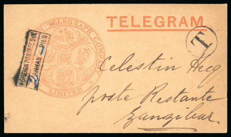 Stamp of Zanzibar » The Zanzibar Post Office (1895-1964) 1898, Printed telegram envelope from the Eastern Telegram Co., sent unfranked with "T" in circle hs and "FOREIGN POSTAGE DUE" hs