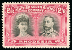 Stamp of Rhodesia 1910-13, Double Head 2s 6d black and rose-carmine, showing the scarce variety long gash in ear, mint
