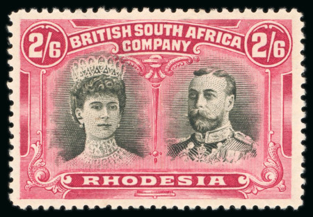 Stamp of Rhodesia 1910-13, Double Head 2s 6d black and rose-carmine, showing the scarce variety long gash in ear, mint