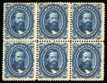 Stamp of Brazil » 1866-83 Dom Pedro » 1866 "Black Beard" Issue 1866, 50r blue, horizontal block of six mint