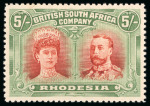Stamp of Rhodesia 1910-13, Double Head 5s vermilion and deep green showing the scarce variety long gash in ear