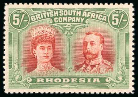 Stamp of Rhodesia 1910-13, Double Head 5s vermilion and deep green showing the scarce variety long gash in ear