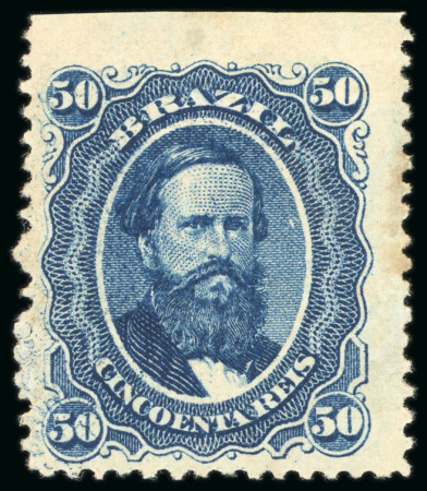 Stamp of Brazil 1866, 50r blue, the only example recorded of the cracked plate variety in the lower left value tablet