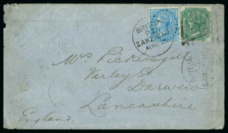 Stamp of Zanzibar » The Indian Post Office (1875-1895) 1880 (Aug 25) envelope from Zanzibar to England with India 1866-78 4a green and 1/2a tied