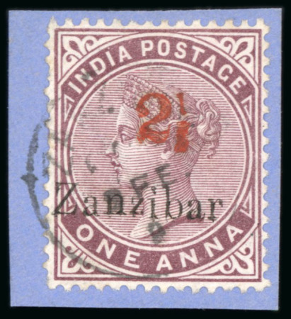 Stamp of Zanzibar » The Zanzibar Post Office (1895-1964) 1895-96 2 1/2a type 5 on 1a plum, tied to small piece by light Zanzibar cds,